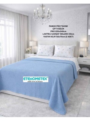 ETEHOMETEX ÇİFT KİŞİLİK %100 PAMUK HAVUZLU PİKE TAKIMI MAVİ 8696474232072